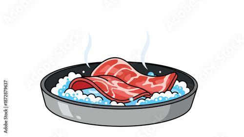 An animated depiction of raw meat slices gently simmering in a bubbling liquid inside a black pan, emitting subtle steam, illustrating food