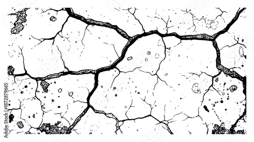 Hand drawn top view of cracked concrete wall texture with deep fractures