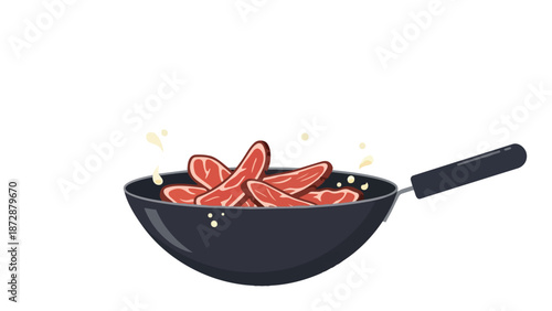 Freshly sliced succulent meat pieces gently cook in a dark frying pan creating delightful splatters of liquid a clear depiction of food preparation