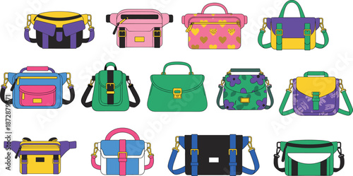 PrintSet of colorful fashion bag icons including stylish fanny packs, waist bags, crossbody satchels, and modern handbags for trendy accessory design flat vector.