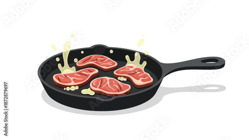 Vivid illustration of four raw steaks sizzling in a cast-iron skillet with golden oil splashes, depicting the energetic start of a delicious cooking