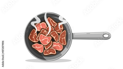 Illustration of fresh cuts of raw red meat sizzling in a hot frying pan with steam rising