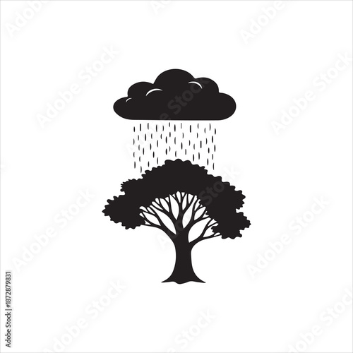  Silhouette of tree getting wet under rainy cloud Vector illustration