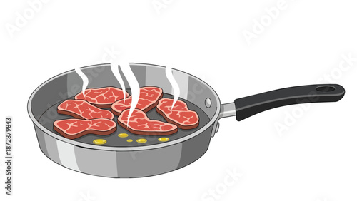 Fresh prime beef cuts are sizzling in a heated frying pan, steam gently rising, preparing a delicious meal in a domestic kitchen environment for