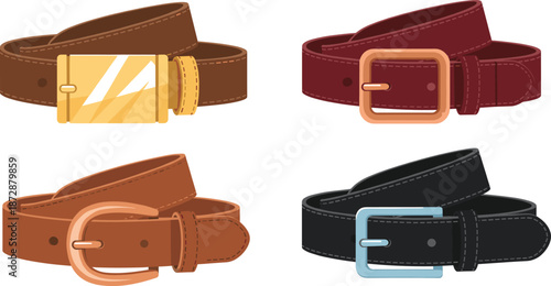 Set of realistic leather belts for men and women with various metal buckles including gold and silver classic fashion accessories vector illustration.
