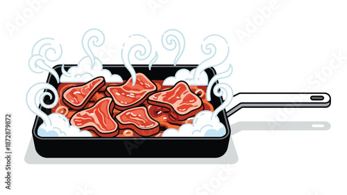 An appealing vector illustration featuring several cuts of fresh, red meat sizzling robustly in a black griddle pan, emitting energetic wisps of steam
