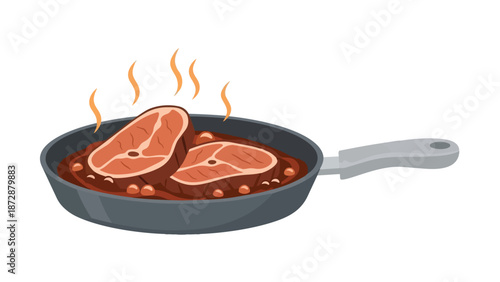 Steaming savory meat cuts simmering in a rich flavorful sauce within a pan on a white background depicting a delicious home-cooked meal preparation