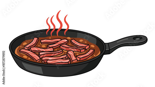 Appetizing meat strips gently braising in a deeply flavorful sauce inside a hot skillet, creating an aromatic and appealing culinary presentation.