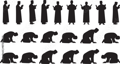 Islamic religion Ramadan and Eid solid icon pack featuring various poses of muslim men praying in traditional dress