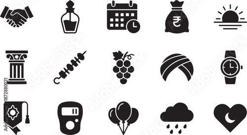 Islamic religion Ramadan and Eid solid icon pack including handshake perfume bottle calendar money bag sunrise pillar shish kebab grapes turban watch and heart elements