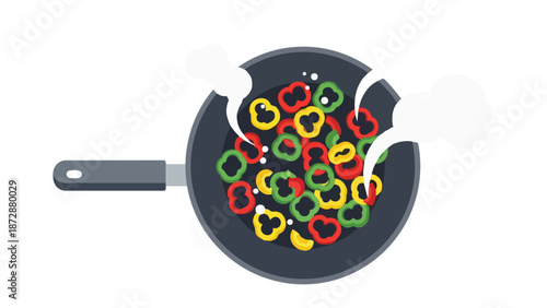 Cooking bell peppers in a hot pan with steam rising, a vibrant and healthy meal preparation.