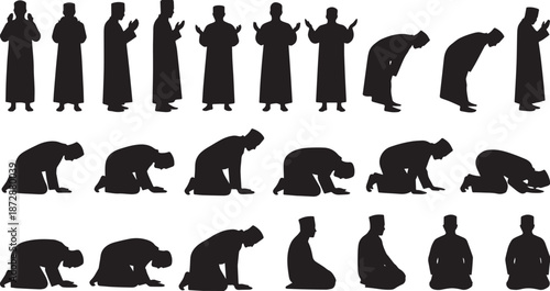 Islamic religion Ramadan and Eid solid icon pack featuring various poses of muslim men praying in traditional attire with different body positions