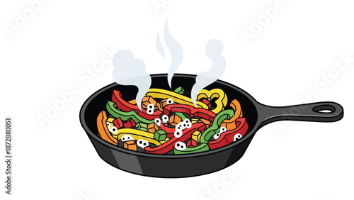 Vibrant sautéed bell peppers and mixed fresh vegetables sizzling in a hot pan producing delicious steam a colourful culinary illustration ready for