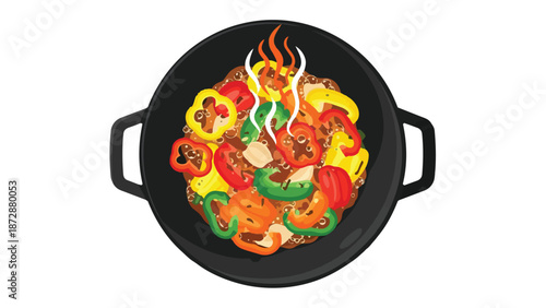 Vibrant stir-fry of colorful bell peppers sizzling in a hot wok, an appetizing and healthy meal illustration