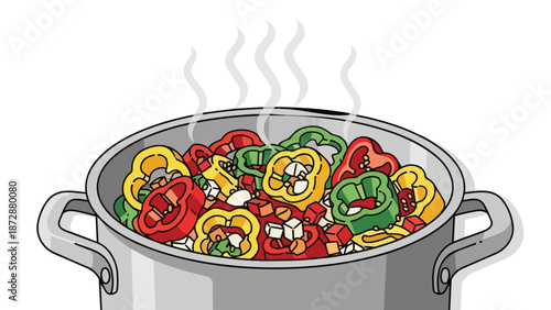 Vibrant bell peppers, sliced and diced, alongside fresh vegetables gently steaming within a sturdy cooking pot, creating a healthy and appealing