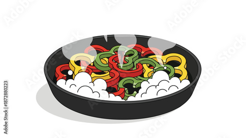 A vibrant cartoon illustration depicting colorful bell pepper slices, including red yellow and green, gently steaming in a sleek black pan, ideal