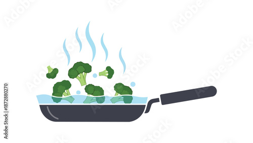 Illustration of vibrant green broccoli florets simmering in a hot pan healthy cooking process