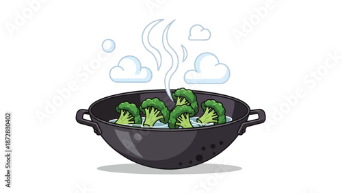 Wholesome green broccoli florets gently steaming in a deep, dark pan, illustrating healthy food preparation.