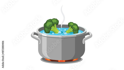 Fresh green broccoli florets simmer in a stainless pot on a burner, steam rising, a fresh depiction of healthy cooking, illustrating simple home