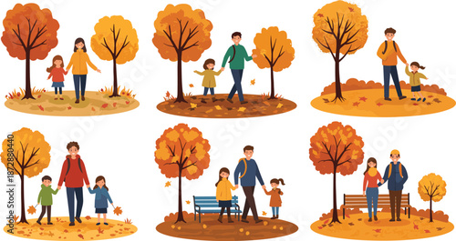 Happy family autumn walk illustration set with parents children enjoying fall season park nature outdoor cartoon vector
