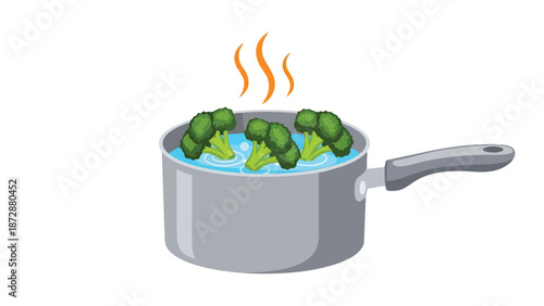 Vibrant green broccoli florets gently simmer in a cooking pot filled with clear, hot water, producing steam, symbolizing nutritious food preparation