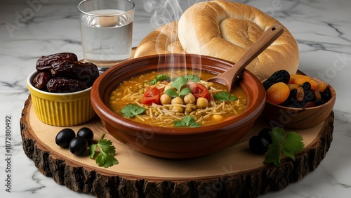 Steaming traditional Moroccan Harira soup with chickpeas and vermicelli in clay bowl for Iftar