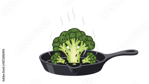 An illustration of vibrant green broccoli florets and smaller pieces gently steaming and sizzling within a robust cast iron frying pan, depicting