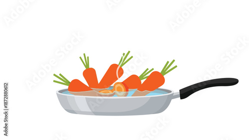 Vibrant orange carrots gently submerged in clear water within a modern cooking pan, ready for healthy meal preparation