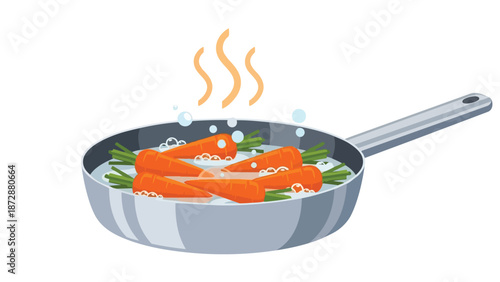 Fresh vibrant orange carrots gently simmering in a bubbling pan of water on a stovetop, illustrating a healthy cooking process for delicious