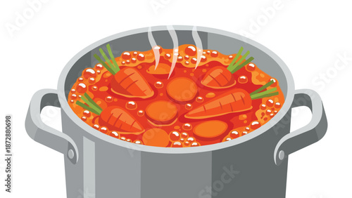 Vibrant illustration of a metallic pot filled with carrots simmering in a rich, bubbling stew, emitting wisps of steam