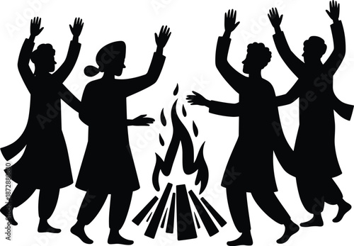 Tribal Dance Silhouette Around Bonfire, Ancient Cultural Ritual Celebration Vector Illustration