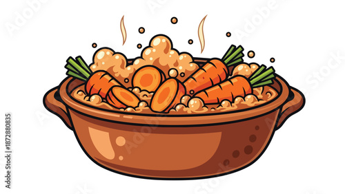 Vibrant cartoon depiction of a nutritious steaming carrot and grain stew simmering in a rustic bowl