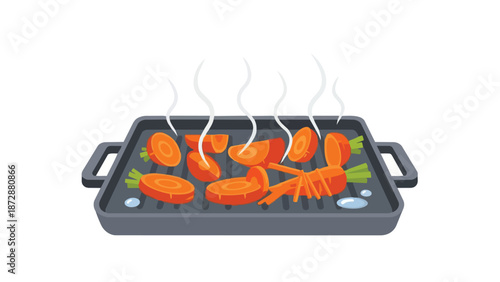 Fresh vibrant orange carrot slices and whole sticks are expertly grilling on a sleek, hot cast iron griddle, releasing delicate wisps of steam. A