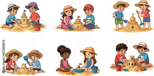 Cute kids building sandcastles at beach cartoon illustration set summer play childhood teamwork seaside activity vector art