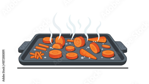 A vibrant illustration of freshly cut carrots, steaming on a black baking tray, prepared for a healthy meal, showcasing the culinary preparation