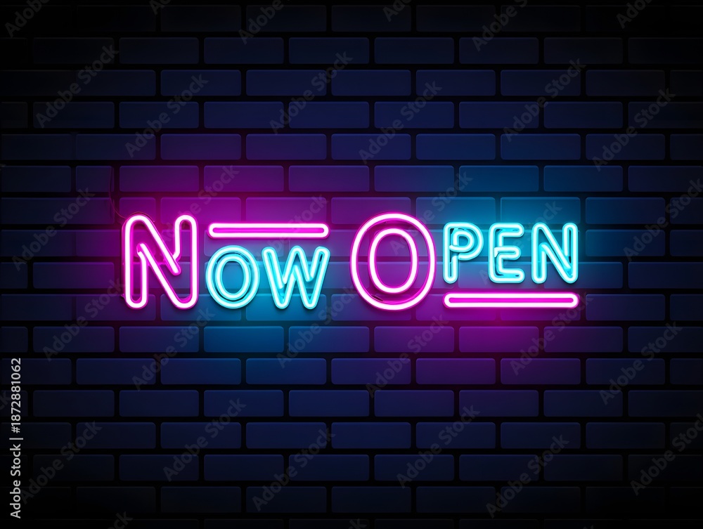 Fototapeta premium Vibrant neon 'now open' sign glowing against a dark brick wall backdrop