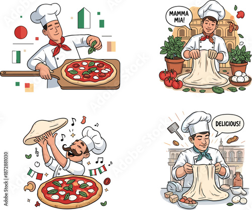 Italian pizza chef making margherita pizza cartoon set traditional cooking process food illustration vector collection design