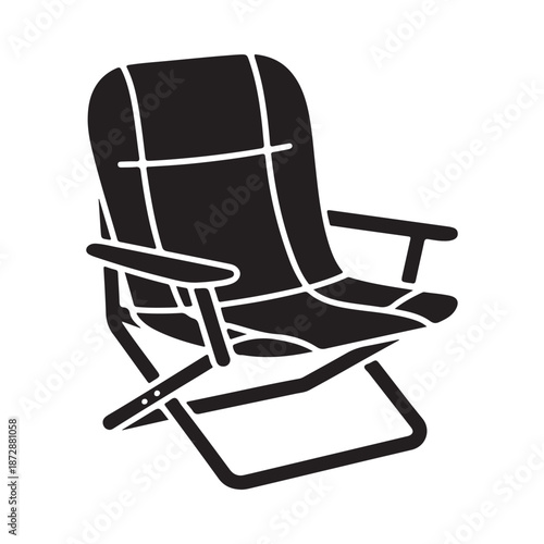 A simple black and white illustration depicting a folding beach chair in a minimalist style