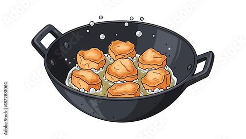 Illustration of golden-brown food pieces frying in a black pan, creating a delicious meal
