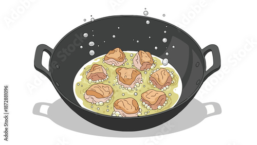 Cartoon depiction of savory food pieces frying in a sizzling hot pan with effervescent oil, representing the essence of home cooking preparation
