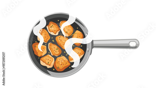 Delicious golden pieces cooking in a sizzling hot pan, emitting savory steam, preparing a delightful meal with fresh ingredients for a culinary
