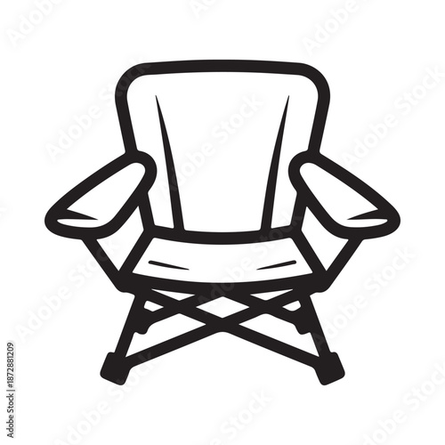 Simple black and white illustration of a folding camping chair with visible framework