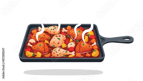 A vibrant culinary illustration showcasing delectable steaming chicken portions expertly simmered with colorful garden vegetables in a rich savory