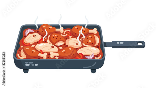 Deliciously Prepared Chicken Dish in a Frying Pan with Steaming Aromatic Onions and Peppers