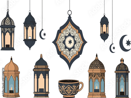  Intricate Islamic design with lanterns, crescents, stars, cup, medallion and festive motifs