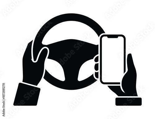 Bilde på lerret Vector icon shows hand on steering wheel while other holds mobile phone