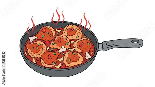 Sizzling chicken stew simmering in a pan with fragrant herbs and vegetables