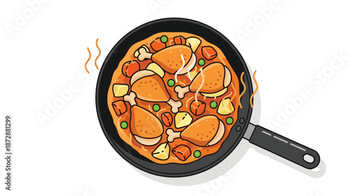 A vibrant illustration of chicken drumsticks, potatoes, carrots, and green peas simmering in a hot pan, ready to serve for a delightful homemade