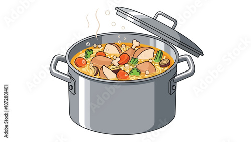 A bubbling pot of chicken and vegetable stew with a lifted lid, ready to serve a delicious hot meal
