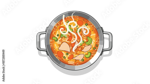 Vibrant culinary illustration of a simmering pot of hearty soup with fresh ingredients and delightful steam